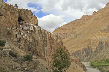 Dorf und Kloster von Phuktal Mountainside India