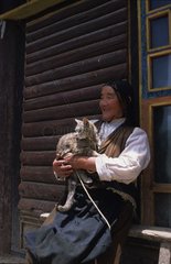 Chat de gouttière dans les bras d'une femme Tibet