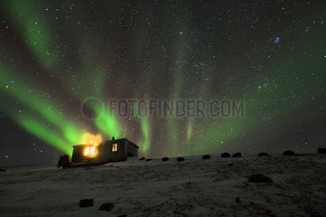 Jagdhütte und Aurora Borealis Grönland