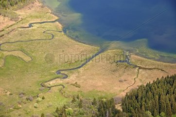 Aerial view of Remoray bog lake in the Doubs France