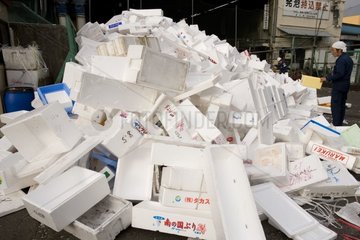 Piled up polystyrene cases for recycling Market of Tsukuji
