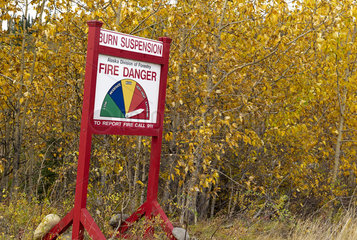 Sign indicating the risk of fire near the park  Denali National Park  Alaska  USA