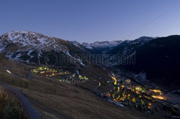 Nocturnal aerial view of Baqueira ski resort in Spain