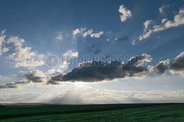 Wolken und Sonnenstrahlen auf einem Feld im Sommer Frankreich