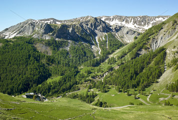 Village of bousseyas  Road of the Bonette-Restefond pass in spring  Haute-Tinee  Mercantour National Park  Alps  France