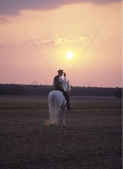 Rider on gray horse at sunset France