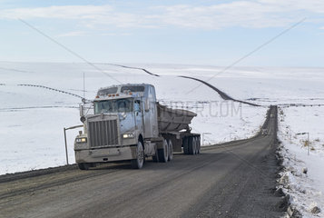 Dalton Highway : from Fairbanks to Prudhoe Bay  his trucks  the only supply of Deadhorse in all seasons and in all weather! Alaska  USA
