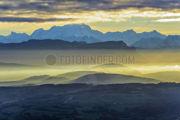 Chain of the Alps seen from the Jura  Mont Blanc is the highest peak  seen from the Col de Richemont  Ain  France
