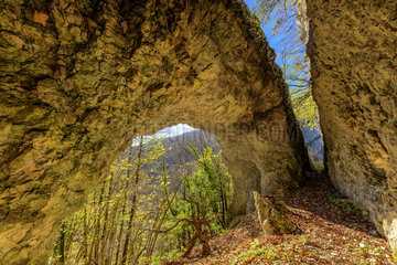 Ark of the ecorche boeuf  double arch  dug in the limestone near the Richemont Pass  in the south of Jura  Ain  France