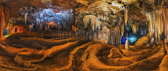 Sao Bernaro cave Cerrado Biome brazil. panoramic of travertines formations  light paint