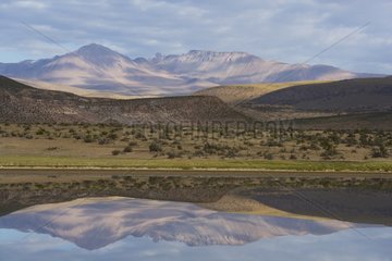 Mountains reflected in calm lake on Altiplano Chile