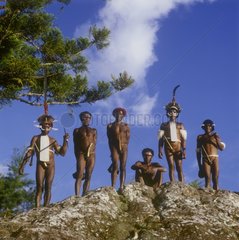 Men of the Dani tribe carrying the Holim Indonesia