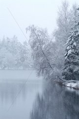 Snowy weather on a lake in Auvergne France