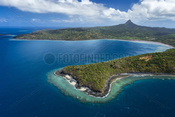 Aerial view of Saziley Point surrounded by its fringing reef. Mayotte  Indian Ocean