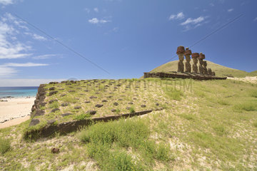 Ahu platform and Moais statues of the Ahu Nau Nau  Anakena  Easter Island  Chile