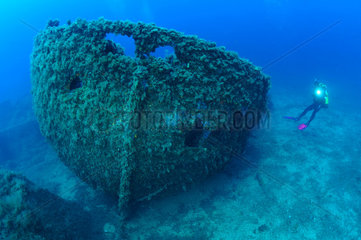 Diver and Boat Wreck  Antheors Peniches Dive Site  Cote d'Azur  France