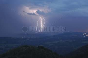Lightnings in a curtain of rain Haute Savoie France