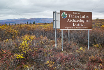 Information panels on the archaeological site of Tangle and the regulation of hunting  Denali Highway: from Paxson to Cantwell  Alaska  USA
