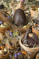 Easter eggs and chocolate hens in earthen pots