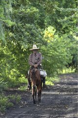 Nicaraguan farmer on horseback a dirt road