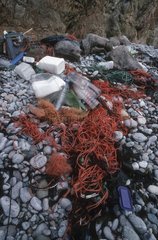 Nylonnetz und Plastikflasche am St. David Beach aufgewaschen