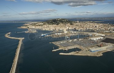 Air shot of Sète harbour and Saint-Clair mount France