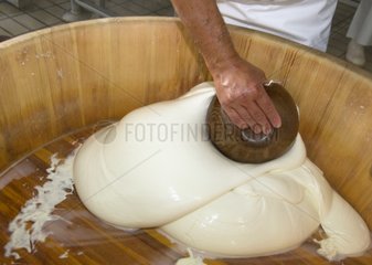 Arbeiter rührt Pulpe Mozzarella in einem Fass