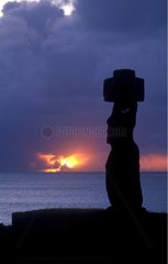 Sunset and moai Ahu Ko Riku Island of Easter Chile