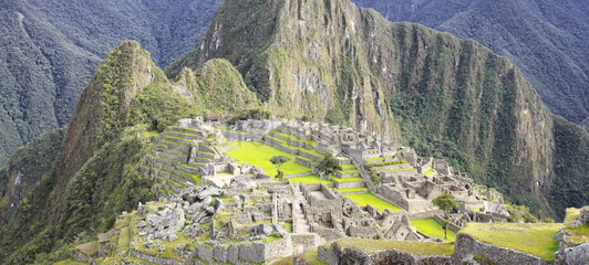 The summit of Huayna Picchu overlooking the site of the ruins of the Inca city of Machu Picchu in the Andes  Peru.