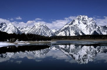 Reflections of Grand Teton snowy mountains in a lake USA