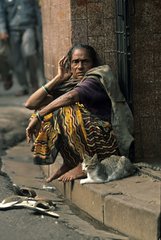 Cat lying down near a woman in the street Calcutta India