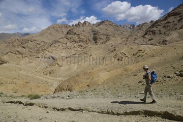 Hiker in the mountains of Ladakh Himalaya India