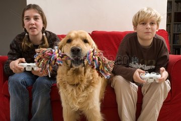 Children playing a video game and Golden Retriever on settee
