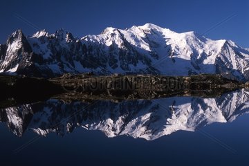 Massif of Mont blanc reflecting on the Lac des Cheserys