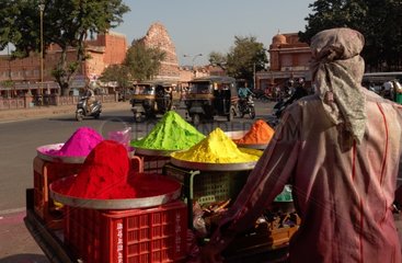 Merchant of colors for the festival of Holi - Rajasthan India