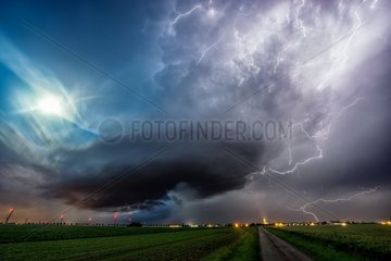 Supercell storms over the countryside at night - France