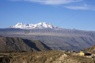 Village and landscape of snowy mountains Urubamba Peru