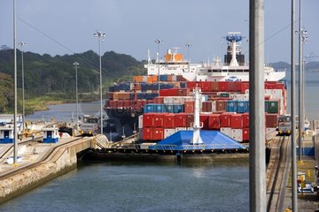 Container-ship running the Gatun locks on Panama Canal