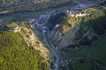 Aerial view of the Joux castle in the Doubs France