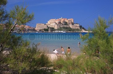 Sandy beach in the spring at the foot of the citadel of Calvi
