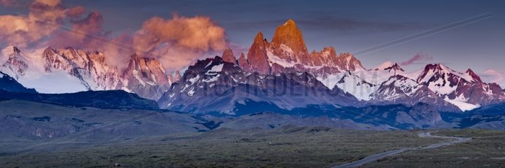 Panoramic view of the Fitz Roy range mountains at sunrise