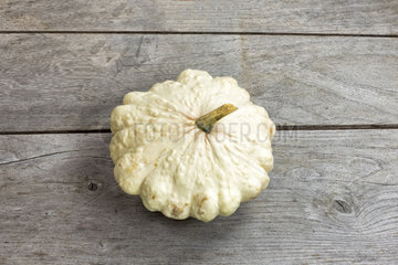 Scallop Squash  White Patisson on a wooden table  Autumn  Pas de Calais  France