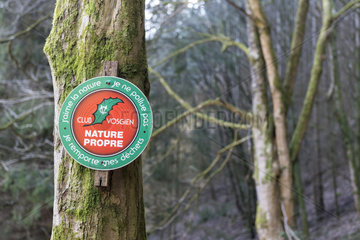 Panel of public awareness  respect for nature  in a Vosges forest  winter  Moselle  France