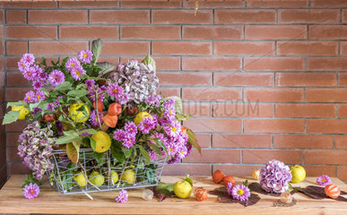 Autumn bouquet composed of chrysanthemums  hydrangea  physalis and quinces