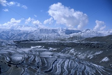 Snow-covered terrace cultures Mustang Nepal