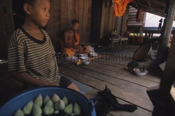 Kampuchean Bonze und Kind mit ihren Katzen in einem Haus