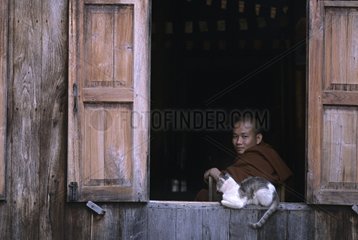 Cat lying down on a windowsill in a temple Burma