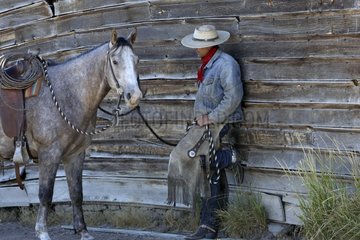 Cow-boy resting against a wall & its horse Oregon the USA