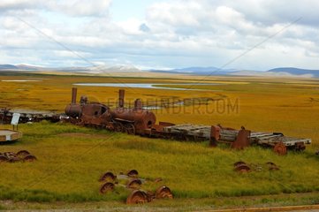 Tain of the gold rush abandoned in the tundra Alaska USA