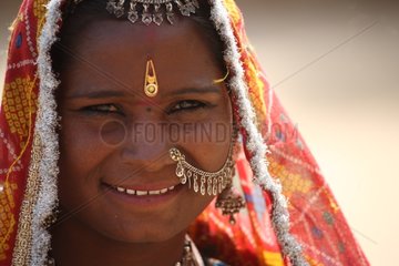 Portrait of an Indian woman of Jaisalmer in Rajasthan India